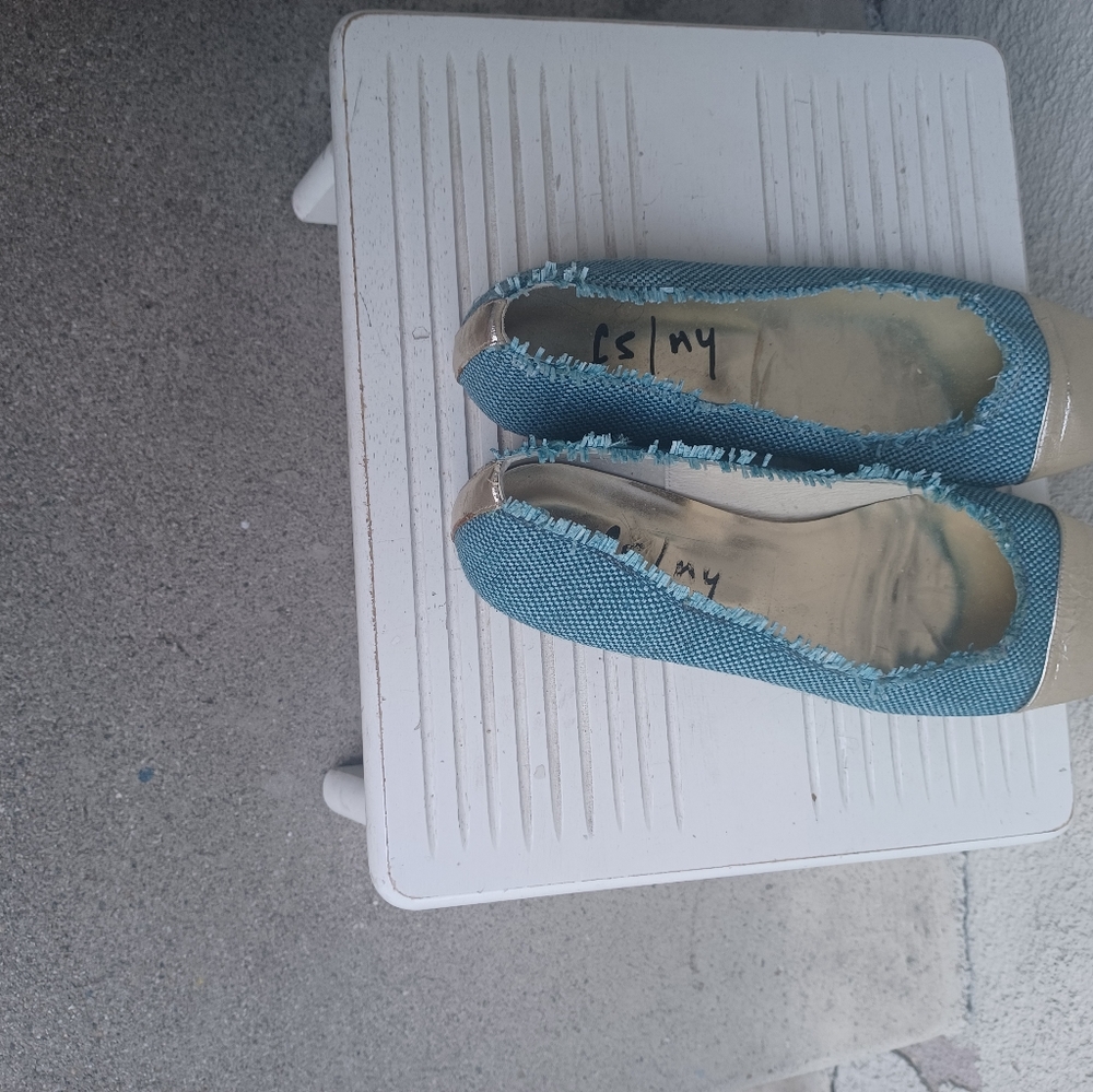 FS/NY blue canvas gold leather toe ballet flat shoes size 8B - Picture 2 of 4